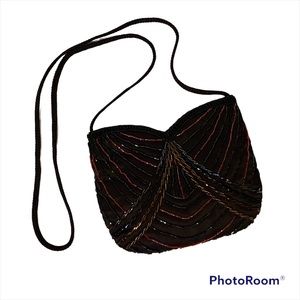 LA REGALE LTD. BAG CROSSBODY SHOULDER BLACK MULTI COLOR BEADS VINTAGE SNAP CLOSE